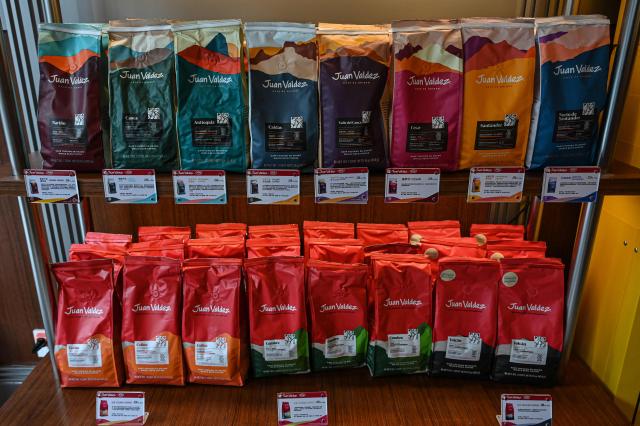 Coffee beans from Colombian coffee brand Juan Valdez are seen at China's first Juan Valdez Café in Shanghai on January 21, 2026. (Photo by Jade GAO / AFP)