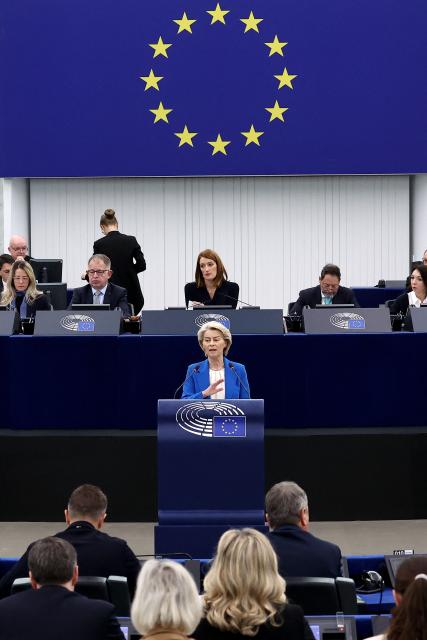 European Commission President Ursula von der Leyen speaks during a debate on the conclusion of the European Council meeting of 18-19 December 2025, at the European Parliament in Strasbourg, eastern France, on January 21, 2026. (Photo by FREDERICK FLORIN / AFP)