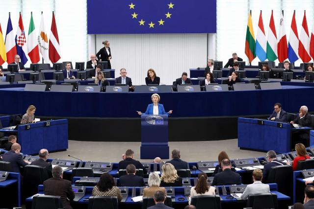 European Commission President Ursula von der Leyen speaks during a debate on the conclusion of the European Council meeting of 18-19 December 2025, at the European Parliament in Strasbourg, eastern France, on January 21, 2026. (Photo by FREDERICK FLORIN / AFP)