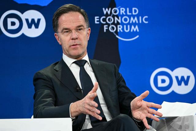 NATO Secretary General Mark Rutte gestures as he speaks during the World Economic Forum (WEF) annual meeting in Davos on January 21, 2026. The World Economic Forum takes place in Davos from January 19 to January 23, 2026. (Photo by Fabrice COFFRINI / AFP)