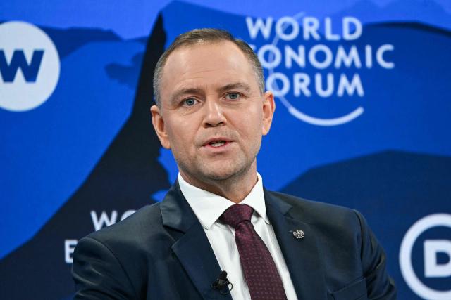 Poland's President Karol Nawrocki speaks during the World Economic Forum (WEF) annual meeting in Davos on January 21, 2026. The World Economic Forum takes place in Davos from January 19 to January 23, 2026. (Photo by Fabrice COFFRINI / AFP)