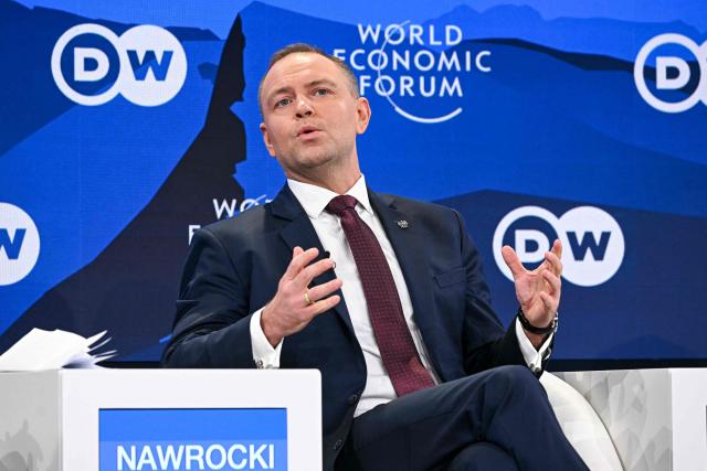 Poland's President Karol Nawrocki speaks during the World Economic Forum (WEF) annual meeting in Davos on January 21, 2026. The World Economic Forum takes place in Davos from January 19 to January 23, 2026. (Photo by Fabrice COFFRINI / AFP)