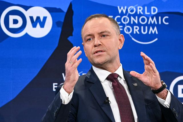 Poland's President Karol Nawrocki speaks during the World Economic Forum (WEF) annual meeting in Davos on January 21, 2026. The World Economic Forum takes place in Davos from January 19 to January 23, 2026. (Photo by Fabrice COFFRINI / AFP)