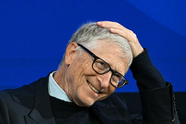 Microsoft co-founder and US philanthropist Bill Gates gestures as he speaks during the World Economic Forum (WEF) annual meeting in Davos on January 21, 2026. The World Economic Forum takes place in Davos from January 19 to January 23, 2026. (Photo by Fabrice COFFRINI / AFP)