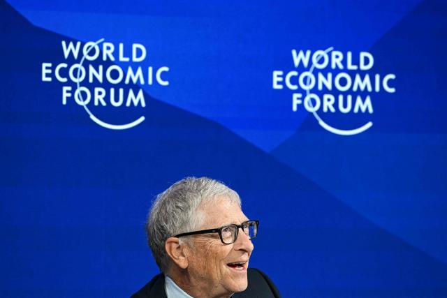 Microsoft co-founder and US philanthropist Bill Gates reacts during the World Economic Forum (WEF) annual meeting in Davos on January 21, 2026. The World Economic Forum takes place in Davos from January 19 to January 23, 2026. (Photo by Fabrice COFFRINI / AFP)