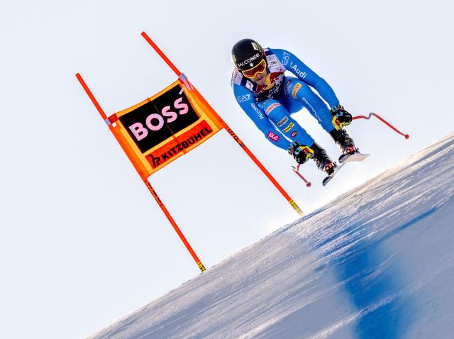 Italy's Christof Innerhofer races during a training session for the Men's Downhill event of the FIS Alpine Skiing World Cup in Kitzbuehel, Austria, on January 21, 2026. (Photo by Joe Klamar / AFP)
