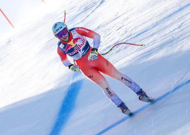 Switzerland's Alexis Monney races during a training session for the Men's Downhill event of the FIS Alpine Skiing World Cup in Kitzbuehel, Austria, on January 21, 2026. (Photo by Joe Klamar / AFP)
