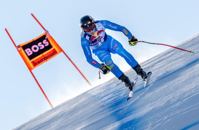 Italy's Mattia Casse races during a training session for the Men's Downhill event of the FIS Alpine Skiing World Cup in Kitzbuehel, Austria, on January 21, 2026. (Photo by Joe Klamar / AFP)