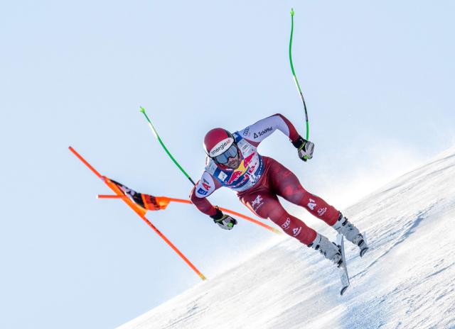 Austria's Vincent Kriechmayr races during a training session for the Men's Downhill event of the FIS Alpine Skiing World Cup in Kitzbuehel, Austria, on January 21, 2026. (Photo by Joe Klamar / AFP)