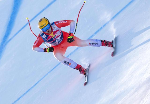 Switzerland's Niels Hintermann races during a training session for the Men's Downhill event of the FIS Alpine Skiing World Cup in Kitzbuehel, Austria, on January 21, 2026. (Photo by Joe Klamar / AFP)