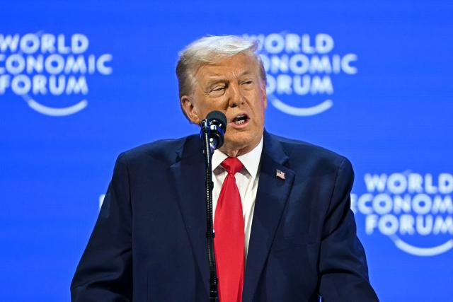 US President Donald Trump delivers a special address during the World Economic Forum (WEF) annual meeting in Davos on January 21, 2026. The World Economic Forum takes place in Davos from January 19 to January 23, 2026. (Photo by Fabrice COFFRINI / AFP)