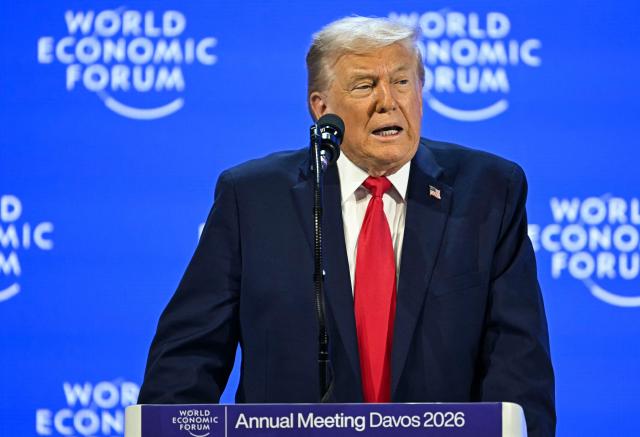 US President Donald Trump delivers a special address during the World Economic Forum (WEF) annual meeting in Davos on January 21, 2026. The World Economic Forum takes place in Davos from January 19 to January 23, 2026. (Photo by Fabrice COFFRINI / AFP)