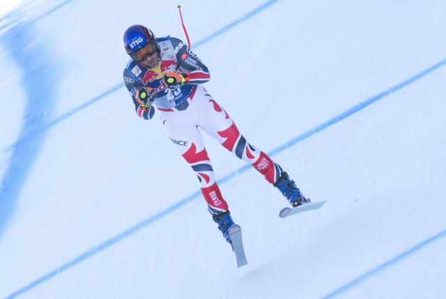 France's Adrien Theaux races during a training session for the Men's Downhill event of the FIS Alpine Skiing World Cup in Kitzbuehel, Austria, on January 21, 2026. (Photo by Joe Klamar / AFP)