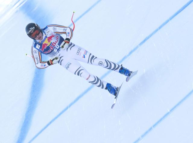 Germany's Romed Baumann races during a training session for the Men's Downhill event of the FIS Alpine Skiing World Cup in Kitzbuehel, Austria, on January 21, 2026. (Photo by Joe Klamar / AFP)