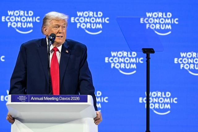 US President Donald Trump delivers a special address during the World Economic Forum (WEF) annual meeting in Davos on January 21, 2026. The World Economic Forum takes place in Davos from January 19 to January 23, 2026. (Photo by Fabrice COFFRINI / AFP)