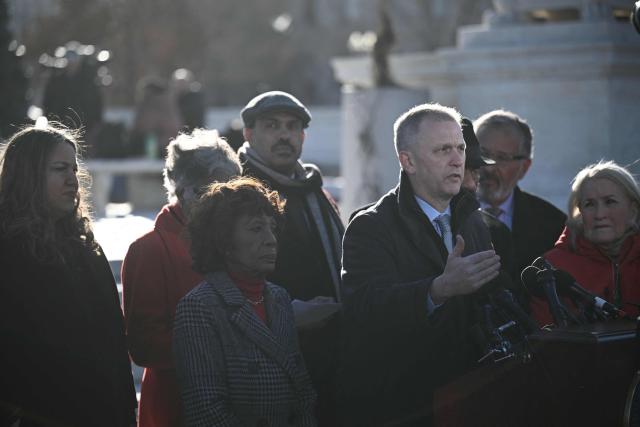 US House Committee on Financial Services members hold a press conference outside the US Supreme Court in Washington, DC, on January 21, 2026. The US Supreme Court will hear arguments over President Donald Trump's attempt to fire Federal Reserve governor Lisa Cook, a case which could have far-reaching consequences for the independence of the central bank. (Photo by Brendan SMIALOWSKI / AFP)
