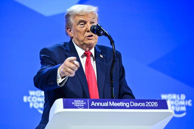 US President Donald Trump gestures as he delivers a special address during the World Economic Forum (WEF) annual meeting in Davos on January 21, 2026. The World Economic Forum takes place in Davos from January 19 to January 23, 2026. (Photo by Mandel NGAN / AFP)