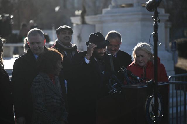 US House Committee on Financial Services members hold a press conference outside the US Supreme Court in Washington, DC, on January 21, 2026. The US Supreme Court hears arguments on Wednesday over President Donald Trump's attempt to fire a Federal Reserve governor, a case which could have far-reaching consequences for the independence of the central bank. (Photo by Brendan SMIALOWSKI / AFP)
