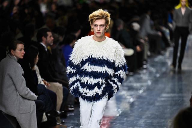 A model presents a creation by Dior for the Menswear Ready-to-wear Fall-Winter 2026/2027 collection as part of the Men Paris Fashion Week in Paris on January 21, 2026.  (Photo by Blanca CRUZ / AFP)