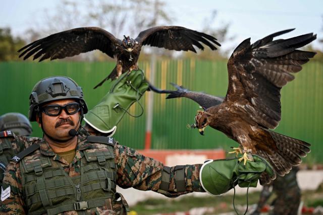Indian Army's Remount Veterinary Corps (RVC) personnel hold black kites with a surveillance camera fixed on its heads at an army centre ahead of the Republic Day parade in New Delhi on January 21, 2026. (Photo by Arun SANKAR / AFP)
