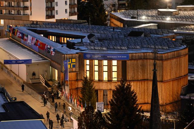 This photograph taken on January 21, 2026 a general view of the congress centre in the town of Davos during the World Economic Forum (WEF) annual meeting in Davos. The World Economic Forum takes place in Davos from January 19 to January 23, 2026. (Photo by INA FASSBENDER / AFP)