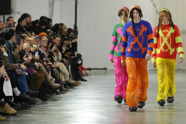 Models present a creation by Walter Van Beirendonck for the Menswear Ready-to-wear Fall-Winter 2026/2027 collection as part of the Paris Fashion Week in Paris on January 21, 2026. (Photo by Thomas SAMSON / AFP)