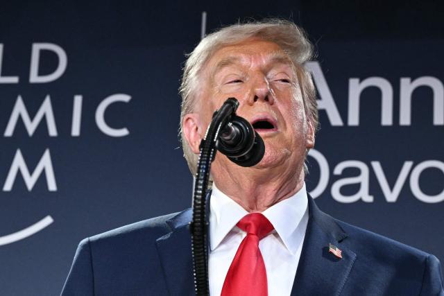 US President Donald Trump speaks during a reception with business leaders on the sidelines of the World Economic Forum (WEF) annual meeting in Davos on January 21, 2026. The World Economic Forum takes place in Davos from January 19 to January 23, 2026. (Photo by Mandel NGAN / AFP)