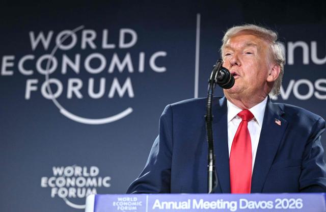 US President Donald Trump speaks during a reception with business leaders on the sidelines of the World Economic Forum (WEF) annual meeting in Davos on January 21, 2026. The World Economic Forum takes place in Davos from January 19 to January 23, 2026. (Photo by Mandel NGAN / AFP)