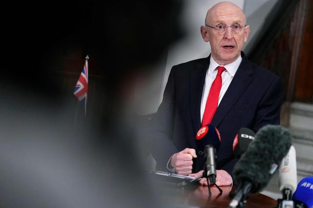 Britain's Defence Secretary John Healey and Denmark's Defense Minister meet the press at a doorstep at the Ministry of Defense in Copenhagen, Denmark, January 21, 2026. (Photo by Thomas Traasdahl / Ritzau Scanpix / AFP) / Denmark OUT