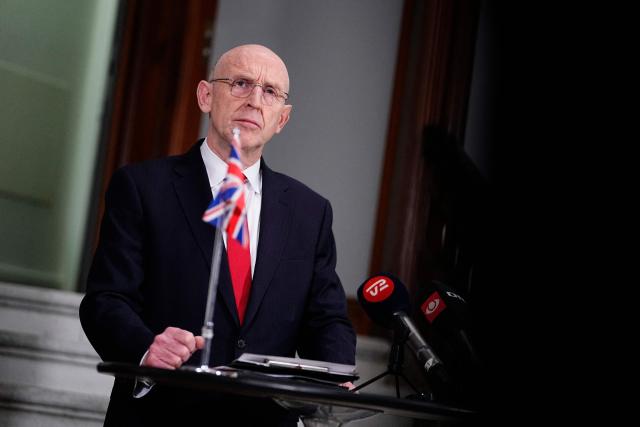 Britain's Defence Secretary John Healey meets the press at a doorstep with Denmark's Defense Minister at the Ministry of Defense in Copenhagen, Denmark, January 21, 2026. (Photo by Thomas Traasdahl / Ritzau Scanpix / AFP) / Denmark OUT