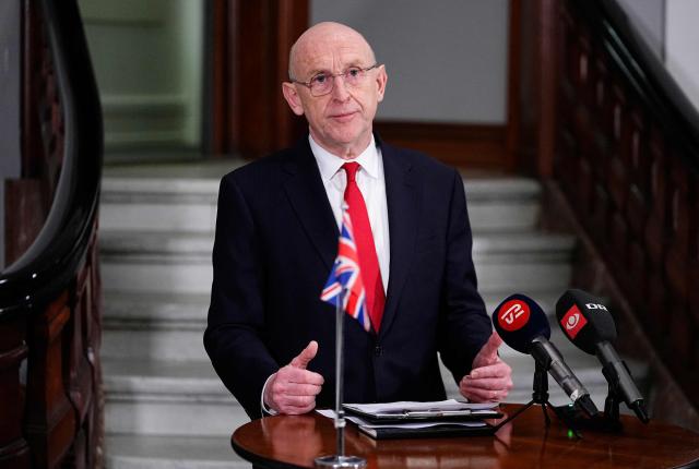 Britain's Defence Secretary John Healey meets the press at a doorstep with Denmark's Defense Minister at the Ministry of Defense in Copenhagen, Denmark, January 21, 2026. (Photo by Thomas Traasdahl / Ritzau Scanpix / AFP) / Denmark OUT