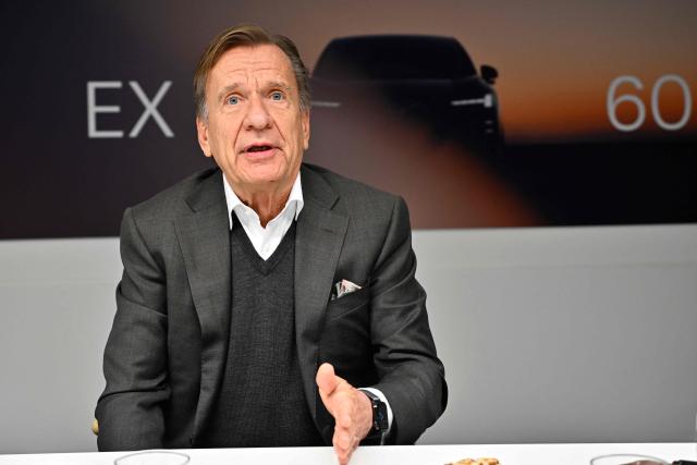 Volvo Cars CEO Hakan Samuelsson speaks during the global launch of a new electric car model EX60 of Swedish Volvo carmeker at an event in Stockholm, Sweden on January 21, 2026. (Photo by Anders WIKLUND / TT NEWS AGENCY / AFP) / Sweden OUT