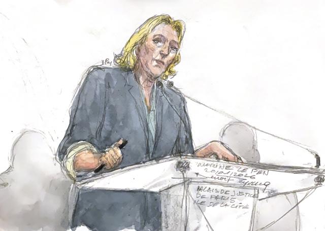 This court sketch made on January 20, 2026 shows French far-right Rassemblement National (RN) party leader Marine Le Pen appearing before the court during her appeal trial on charges of embezzlement of European public funds in a case of alleged European Parliament fake jobs, at Paris courthouse, on January 20, 2026. Marine Le Pen at an appeals trial on January 20, 2026 rejected her party having had any "system" to embezzle European Parliament funds, as she seeks to save her 2027 run for president. A French court last year barred Le Pen, a three-time presidential candidate from the far-right National Rally (RN), from running for office for five years over a fake jobs scam at the European institution. (Photo by Benoit PEYRUCQ / AFP)
