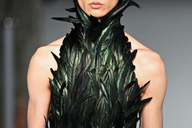 A model presents a top by Egonlab for the Menswear Ready-to-wear Fall-Winter 2026/2027 collection as part of the Men Paris Fashion Week in Paris on January 21, 2026.  (Photo by Blanca CRUZ / AFP)