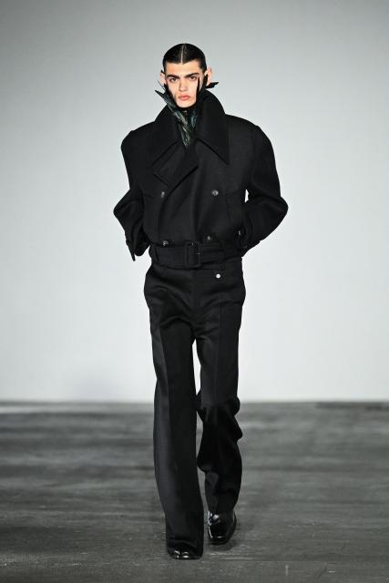 A model presents a creation by Egonlab for the Menswear Ready-to-wear Fall-Winter 2026/2027 collection as part of the Men Paris Fashion Week in Paris on January 21, 2026.  (Photo by Blanca CRUZ / AFP)