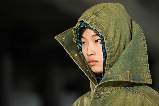 A model presents a hood by Egonlab for the Menswear Ready-to-wear Fall-Winter 2026/2027 collection as part of the Men Paris Fashion Week in Paris on January 21, 2026.  (Photo by Blanca CRUZ / AFP)