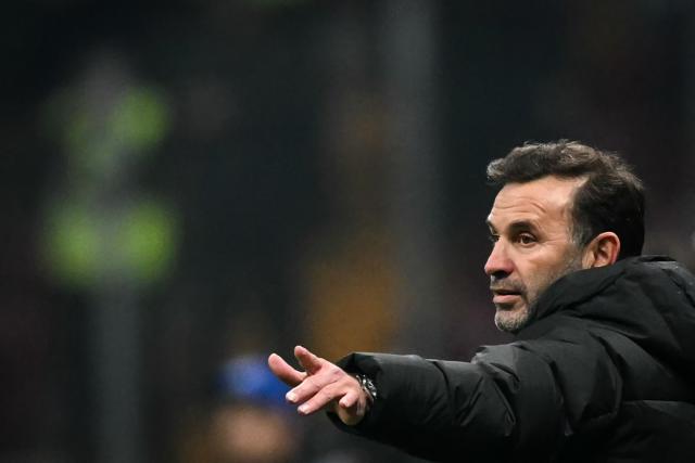 Galatasaray's Turkish head coach Okan Buruk reacts during the UEFA Champions League, league phase day 7, football match between Galatasaray and Atletico Madrid at Rams Park in Istanbul, on January 21, 2026. (Photo by OZAN KOSE / AFP)