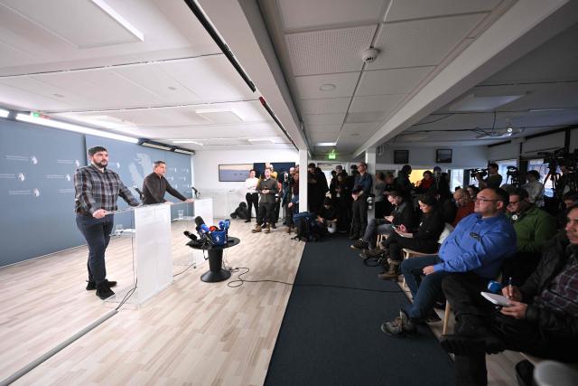 Members of Greenlandic government (Naalakkersuisut) Peter Borg (L) and Aqqaluaq B. Egede hold a press conference in the Naalakkersuisut in Nuuk, Greenland, on January 21, 2026. (Photo by Jonathan NACKSTRAND / AFP)