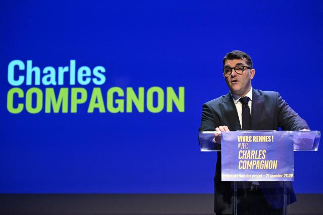 Candidate for the Horizons party for the upcoming Rennes municipal elections Charles Compagnon delivers a speech at the Youth and Culture Centre in the Brequigny neighbourhood of Rennes, western France, on January 21, 2026. (Photo by Damien MEYER / AFP)