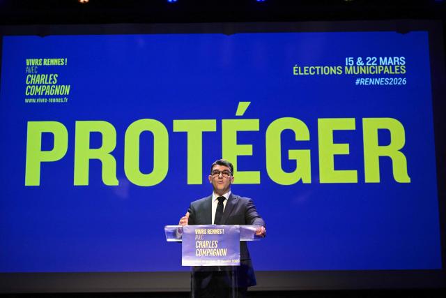 Candidate for the Horizons party for the upcoming Rennes municipal elections Charles Compagnon delivers a speech at the Youth and Culture Centre in the Brequigny neighbourhood of Rennes, western France, on January 21, 2026. (Photo by Damien MEYER / AFP)