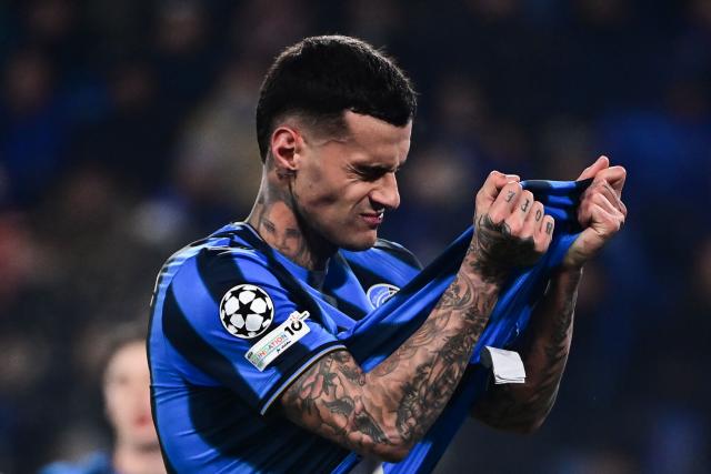 Atalanta's Italian forward #09 Gianluca Scamacca reacts after a disallowed goal during the UEFA Champions League, league phase day 7, football match between Atalanta Bergame and Athletic Bilbao at the stadio Atleti Azzurri d'Italia stadium in Bergamo on January 21, 2026. (Photo by PIERO CRUCIATTI / AFP)