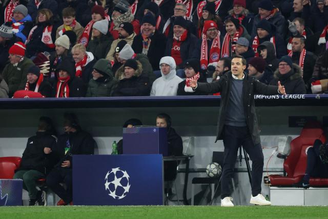 Union St-Gilloise's Belgian coach David Hubert gestures during the UEFA Champions League football match between FC Bayern Munich (GER) and Royale Union St-Gilloise (BEL) in Munich, southern Germany, on January 21, 2026. (Photo by Karl-Josef HILDENBRAND / AFP)