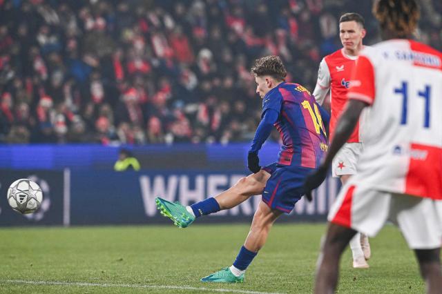Barcelona's Spanish midfielder #16 Fermin Lopez celebrates shoots the ball to score during in the UEFA Champions League football match between Slavia Prague (CZE) and FC Barcelona (ESP) in Prague, Czech Republic on January  21, 2026. (Photo by Michal Cizek / AFP)