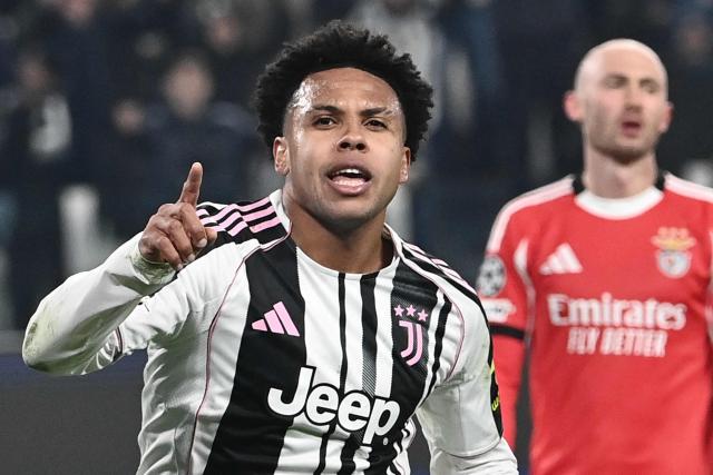 Juventus' US midfielder #22 Weston McKennie celebrates scoring his team's second goal during the UEFA Champions League - league phase day 7 football match between Juventus and Benfica at the Allianz stadium in Turin, on January 21, 2026. (Photo by Isabella BONOTTO / AFP)