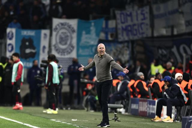 Liverpool's Dutch coach Arne Slot reacts during the UEFA Champions League, league phase day 7, football match between Olympique de Marseille (OM) and Liverpool FC at the Stade Velodrome in Marseille, southern France, on January 21, 2026. (Photo by Thibaud MORITZ / AFP)