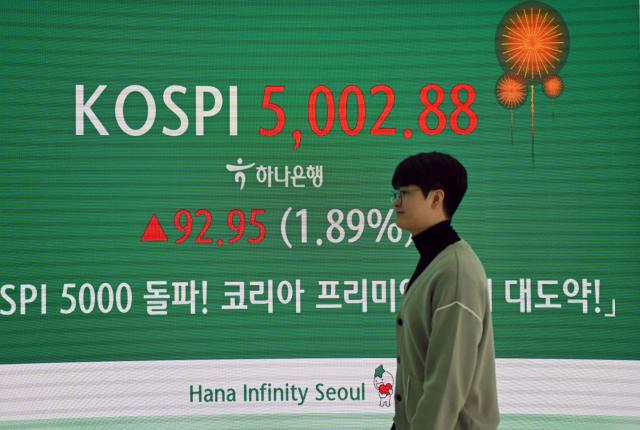 A man walks past an electronic screen showing South Korea's benchmark stock index surpassing 5,000 points in a foreign exchange dealing room at the Hana Bank headquarters in Seoul on January 22, 2026. South Korea's benchmark Kospi index broke above 5,000 points for the first time, hours after US President Donald Trump said he had reached a framework for a deal on Greenland. (Photo by Jung Yeon-je / AFP)