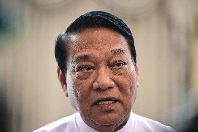 The Union Solidarity and Development Party (USDP) chairman U Khin Yi speak to journalists after a ceremony to sign a cooperation agreement with Belarusian political party Belaya Rus at the Sky Star Hotel in Yangon on January 22, 2026. (Photo by AFP)
