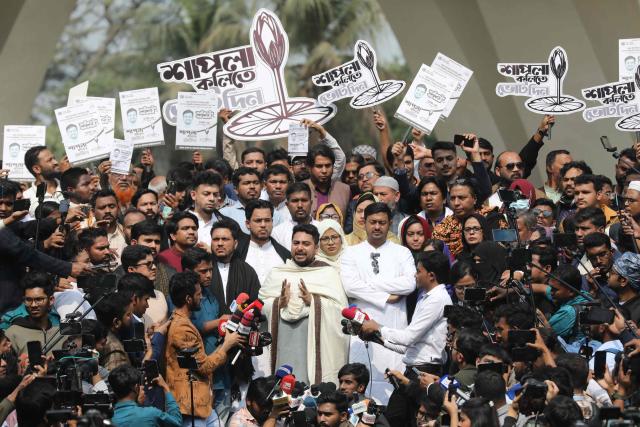 National Citizen Party (NCP) leaders address a rally as they begin campaigning ahead of the upcoming national elections, in Dhaka on January 22, 2026. Bangladesh began official campaigning on January 22 for hugely anticipated general elections next month, the first since the 2024 uprising ended the autocratic rule of Sheikh Hasina. (Photo by Salahuddin Ahmed / AFP)
