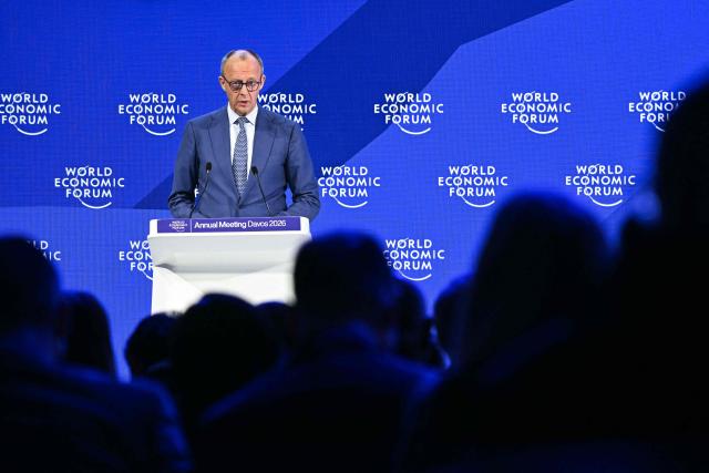Germany's Chancellor Friedrich Merz delivers a special address during the World Economic Forum (WEF) annual meeting in Davos on January 22, 2026. The World Economic Forum takes place in Davos from January 19 to January 23, 2026. (Photo by Fabrice COFFRINI / AFP)