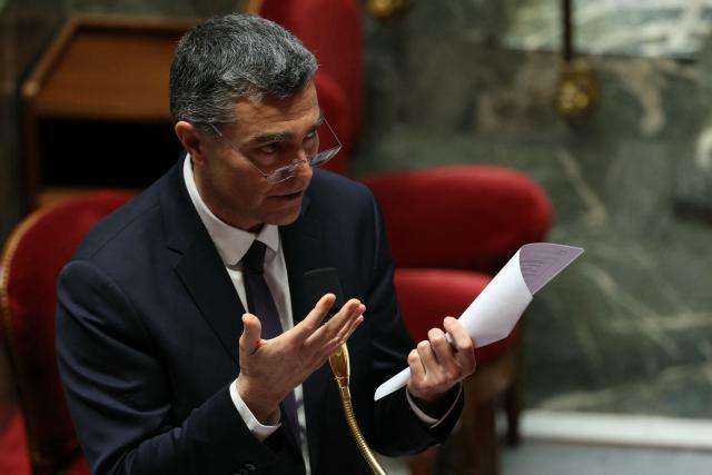 Droite Republicaine's MP Eric Pauget delivers a speech during a debate on the examination of draft legislation proposed by Les Républicains (LR) group, which sets the agenda  during their parliamentary niche at the National Assembly in Paris, on January 22, 2026. (Photo by Thomas SAMSON / AFP)